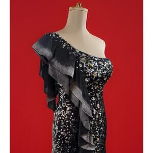 *PROM* Sequin Dress Vintage Black and Silver Strapless 80s 90s Glam- Tony Bowls